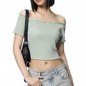 Uniqlo GU Bra-Feel Cropped Off-The-Shoulder Shirring T-Shirt NWT Green S